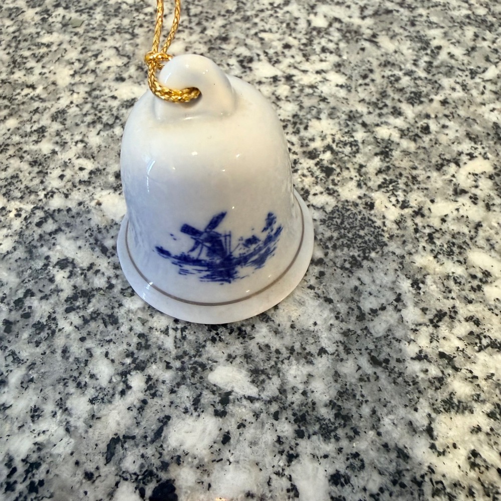 Vintage 1960s deft Bell Ornament OS White Blue Ceramic